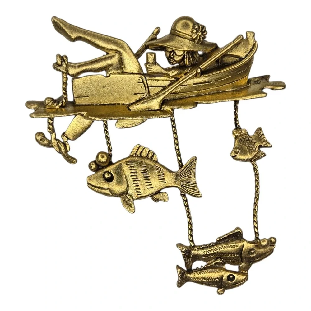 Danecraft Brooch Gold Tone Gold Vintage Fishing Rowboat Dangle Novelty Pin